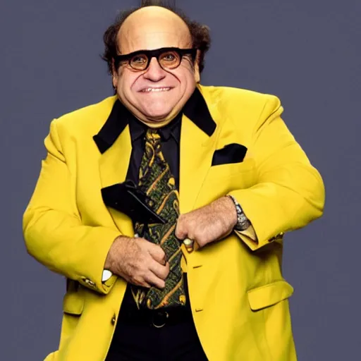 Prompt: danny devito wearing a yellow suit