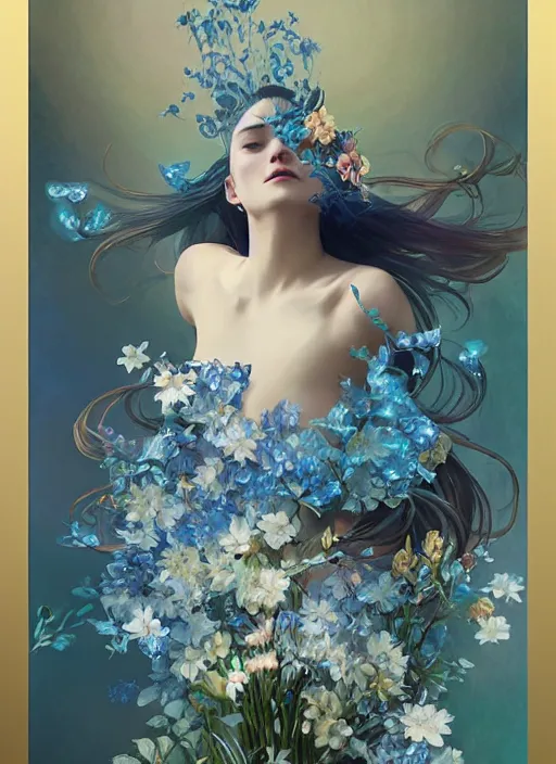 Image similar to portrait of cinderella, flowers, blue spike aura in motion, floating pieces, painted art by tsuyoshi nagano, greg rutkowski, artgerm, alphonse mucha, spike painting