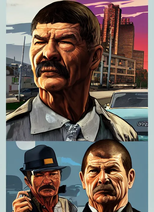 Image similar to charles bronson in gta v, cover art by stephen bliss, artstation