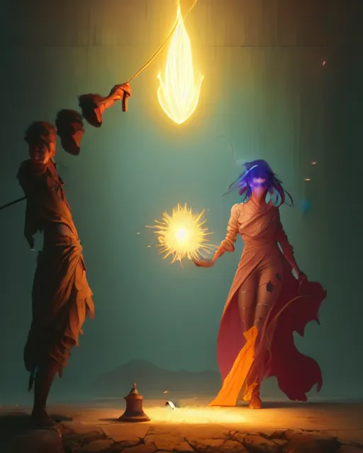 Image similar to highly detailed vfx portrait of a mage casting a light spell, unreal engine, greg rutkowski, loish, rhads, beeple, makoto shinkai and lois van baarle, ilya kuvshinov, rossdraws, tom bagshaw, alphonse mucha, global illumination, detailed and intricate environment