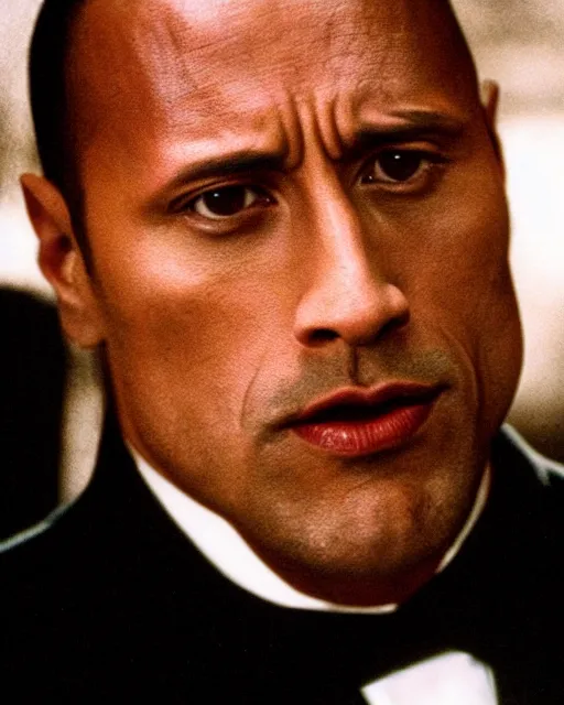 Image similar to film still close up shot of dwayne johnson as vito corleone from the movie the godfather. photographic, photography