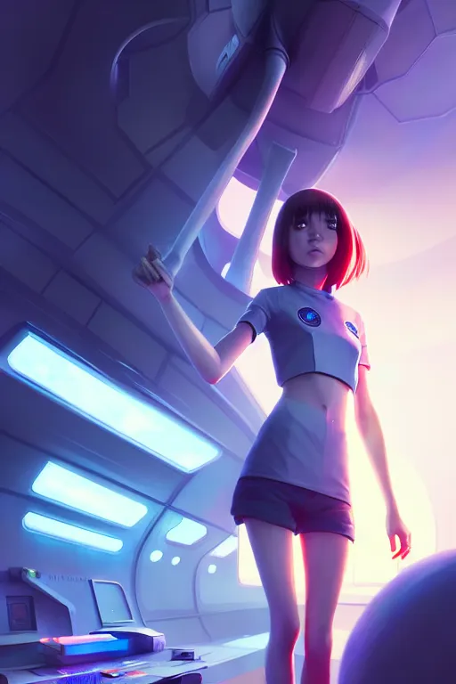 Prompt: a young, slender girl, girl in spaceship, engineering bay, photo realistic, dynamic lighting, artstation, poster, volumetric lighting, 4 k, award winning, a detailed painting by ross tran hyperdetalized, anime | 2 d game art | official art, smooth, cyberpunk, tech