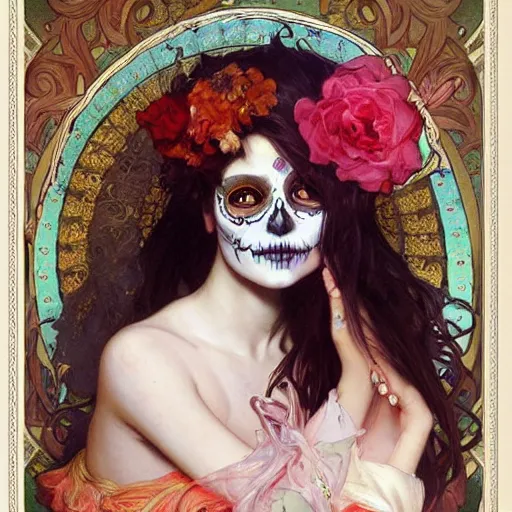 Prompt: realistic detailed painting of a cute Día de los Muertos girl by Alphonse Mucha Ayami Kojima Amano Charlie Bowater, masterpiece