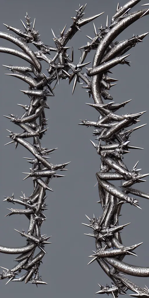 Image similar to 3 d render of a chrome torii gate sculpture, chrometype, made of liquid metal, neotribal with thorns and thunders, hyper realistic, volumetric lightning, 8 k, by zhelong xu