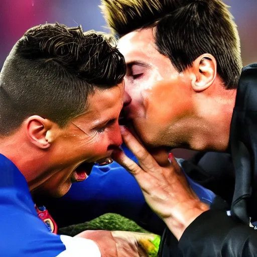 Prompt: christiano ronaldo crying while kissing leo messi's head. high definition. photography. high resolution