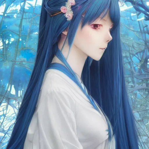 Image similar to an adult girl with long blue hair and blue eyes, a small pigtail on the left side, white fur on top,, chinese blue dress, chinese style, anime style, hyper detailed, illustration, digital painting, art by artgerm and greg rutkowski and alphonse mucha, high delicate defined details, anime stylized, highly detailed, realistic, sharp focus