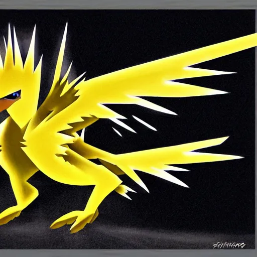 Image similar to zapdos. thunderbird pokemon. zapdos zapdos zapdos. spiky bird. birdform. flying lightning bird. yellow color.