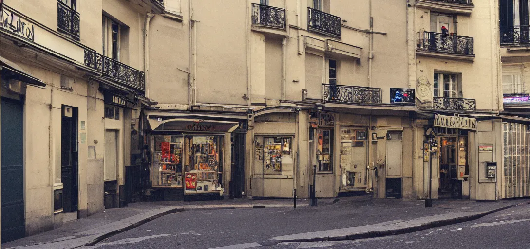 Prompt: a paris street made from 80s electronics and moog synthesisers, soft goloured glow, realistic, 35mm