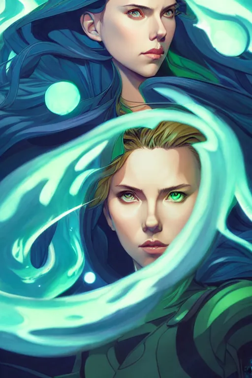 Image similar to style artgerm, joshua middleton, illustration, scarlett johansson as mage wearing green pelt light armor, anime eyes, blue hair, swirling water cosmos, fantasy, dnd, cinematic lighting