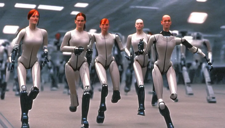 Prompt: The matrix, LeeLoo, Starship Troopers, Clarice Starling, Sprinters in a race with a clear winner, robotic legs, The Olympics footage, intimate shot, cinematic stillframe, shot by Roger Deakins, The fifth element, vintage robotics, formula 1, starring Geena Davis, sports photography, clean lighting