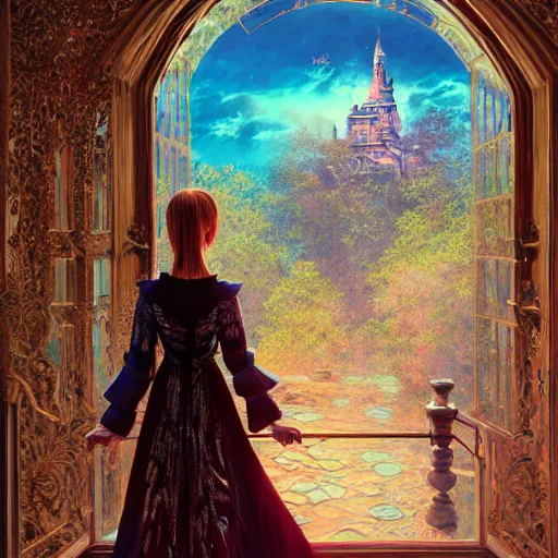 Prompt: nicolas cage as a beautiful young girl in intricate clothing by ross tran, walking in a castle, lake painted by sana takeda, rtx reflections, very high intricate details, painting, digital anime art, medium shot, mid - shot, composition by ilya kuvshinov, lighting by greg rutkowski