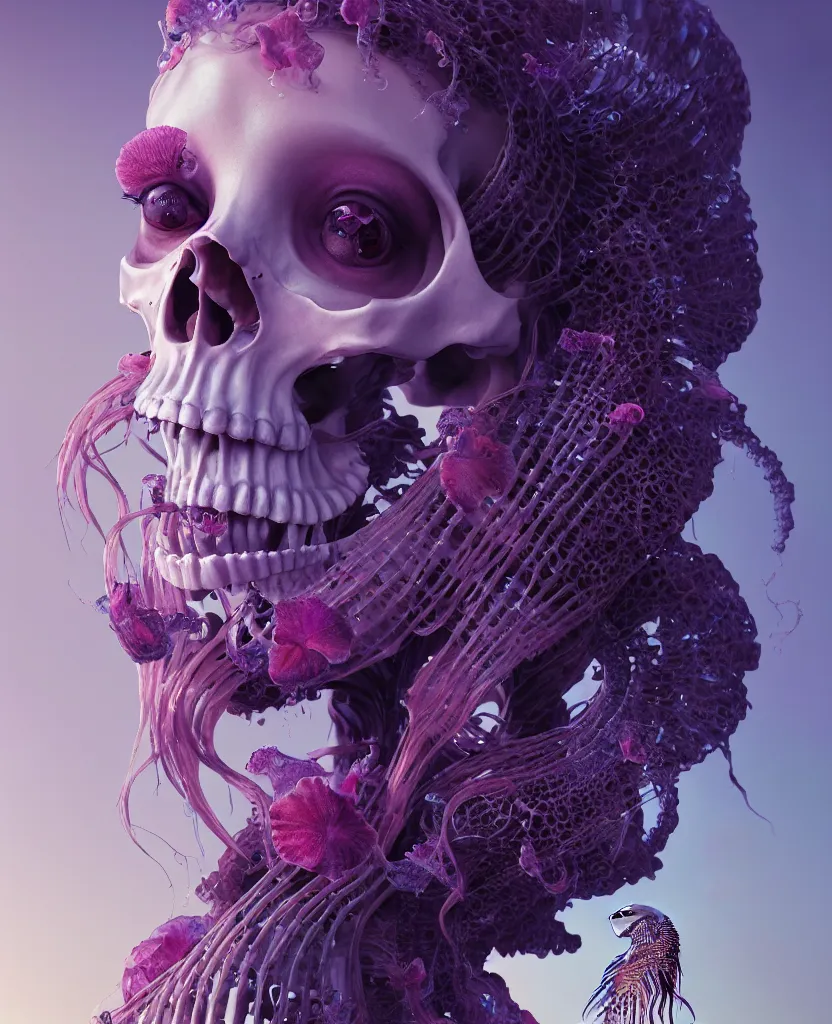 Image similar to goddess close - up portrait human skeleton, ram skull, jellyfish, orchid, betta fish, bioluminiscent, intricate artwork by tooth wu and wlop and beeple. octane render, trending on artstation, greg rutkowski very coherent symmetrical artwork. cinematic, hyper realism, high detail, octane render, 8 k