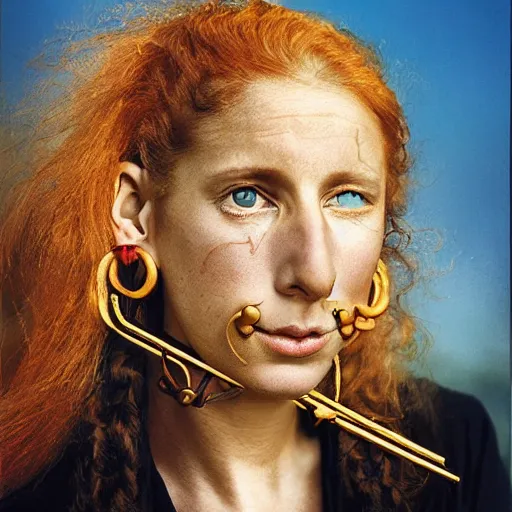 Image similar to Extremely detailed photo realistic matte portrait painting of winking Century Barbary Coast pirate Woman with Ginger hair and Golden hooped earrings photography by Annie Leibovitz, and Steve McCurry