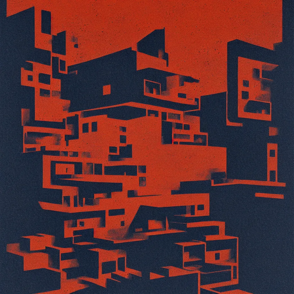 Prompt: rotflmao dog meme, mads berg, karolis strautniekas, film noir, stippled light, dramatic lighting, editorial illustration, detailed, fine texture, matte print, art deco, brutalism, dark blue + dark orange, red, black, ( ( habitat 6 7 background ) )