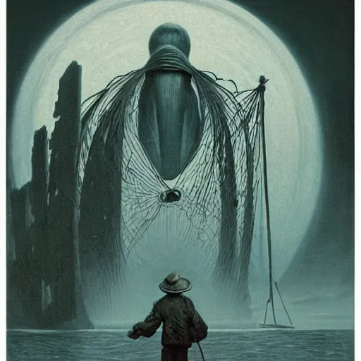 Image similar to retro dark vintage sci-fi, 2D matte illustration, old fisherman fishing, art by Szukalski, Beksinski