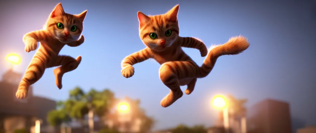 Image similar to hyperrealistic detailed 3d render of a cute moonchy catman jumping around sharp cinematic lighting vray 8k low angle shallow depth of field