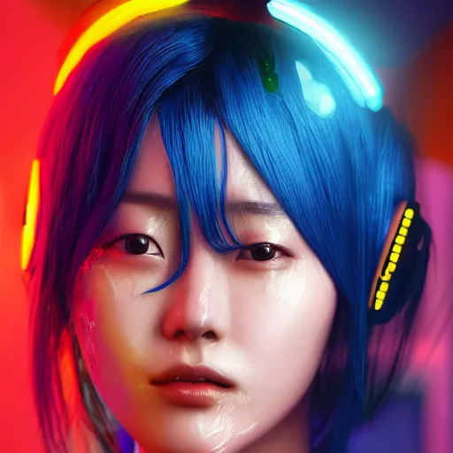 Image similar to a film still of kim sung hee as joi in the rain with blue hair, cute - fine - face, pretty face, cyberpunk art by sim sa - jeong, cgsociety, synchromism, detailed painting, glowing neon, digital illustration, perfect face, extremely fine details, realistic shaded lighting, dynamic colorful background