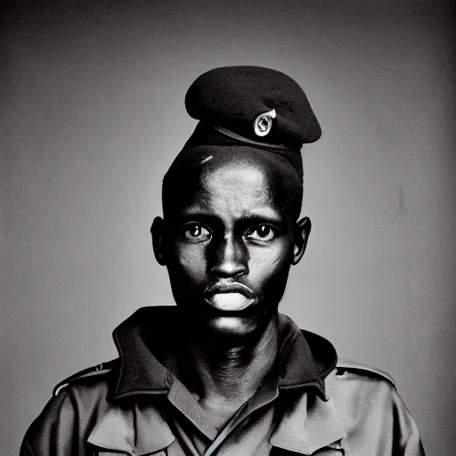 Image similar to black and white photo, portrait of rwandan soldier by richard avedon, realistic, Leica, medium format, cinematic lighting, parallax, high resolution,