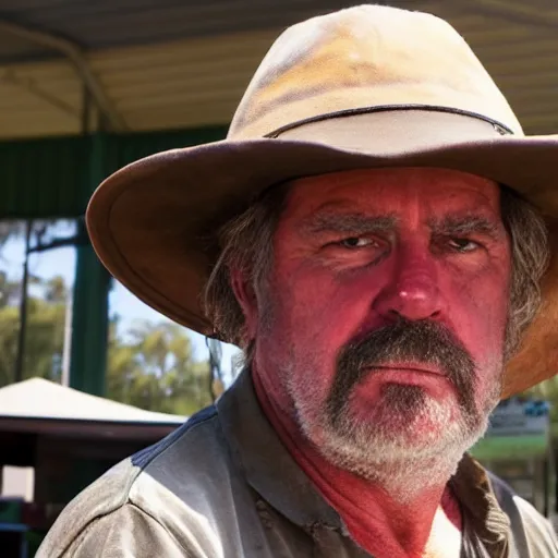 Image similar to john jarrat as mick taylor from wolf creek at a bunnings sausage sizzle, photorealistic, good lighting, award winning photograph