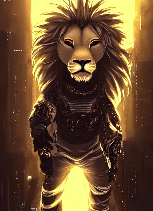 Image similar to award winning beautiful portrait commission of a male furry anthro lion fursona with a tail and a cute beautiful attractive detailed furry face wearing stylish black and gold cyberpunk clothes in a cyberpunk city at night while it rains. Character design by charlie bowater, ross tran, artgerm, and makoto shinkai, detailed, inked, western comic book art