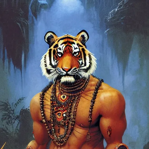 Image similar to head and shoulders portrait of a tiger rakshasa in a luxurious indian setting, d & d, fantasy, greg rutkowski, frank frazetta, alexandre chaudret, boris vallejo, michael whelan, miro petrov, hr giger, magali villeneuve, donato giancola