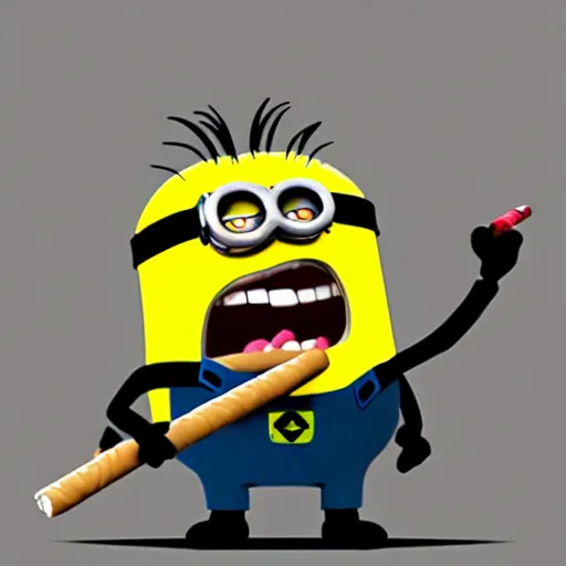 Image similar to brutal minion with cigar in mouth, holding shotgun