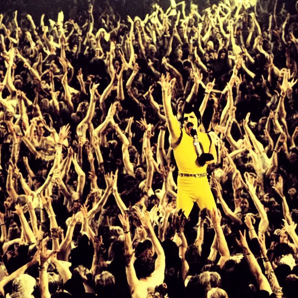 Image similar to freddie mercury singing at a death metal punk concert. mosh pit, elaborate clothing, violent rock concert yellow and white clothing, huge angel wings - s 1 5 0