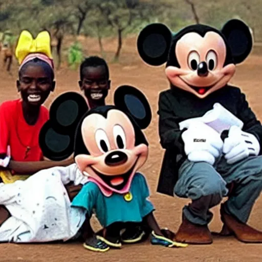 Prompt: Mickey Mouse in Africa helping starving children, photo, BBC