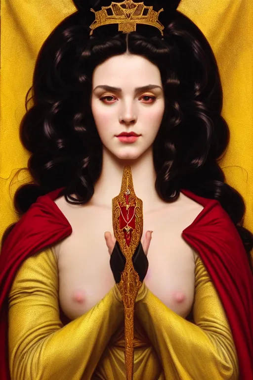 Image similar to Portrait of historically accurate, ancient biblical, sultry, sneering, evil, pagan, wicked, young queen jezebel, wearing gilded red robes, long black hair, intricate, elegant, highly detailed, digital painting, artstation, concept art, smooth, sharp focus, illustration, art by artgerm and greg rutkowski and alphonse mucha and andrei riabovitchev