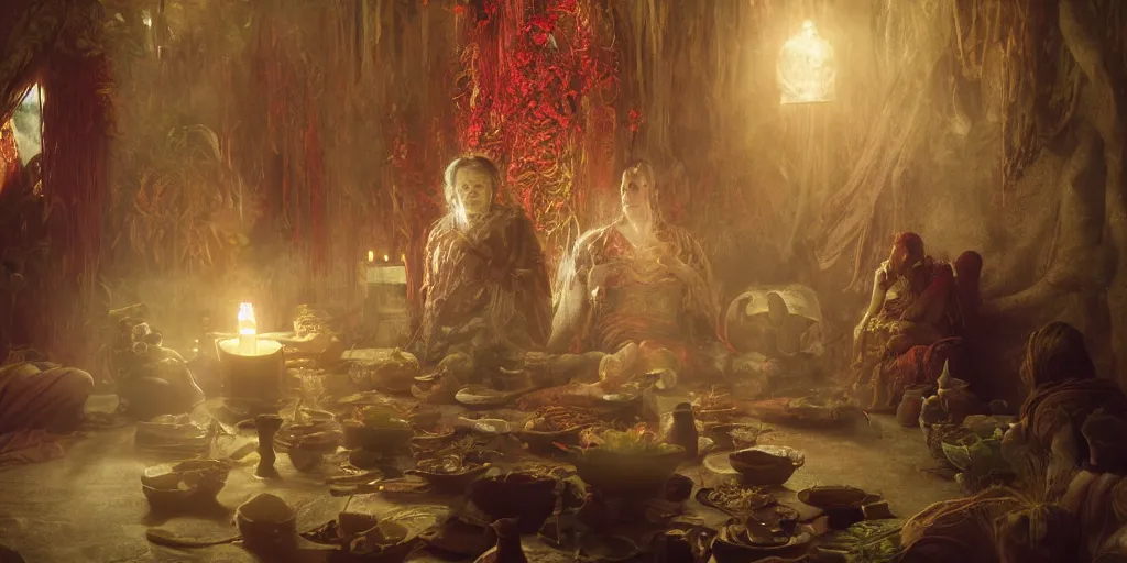 Prompt: grandma, ayahuasca ceremony, indoor organic shaman studio, red vines, serenity, spectral feel, octane render, photoreal, gaston bussiere, greg rutkowski, yoji shinkawa, yoshitaka amano, tsutomu nihei