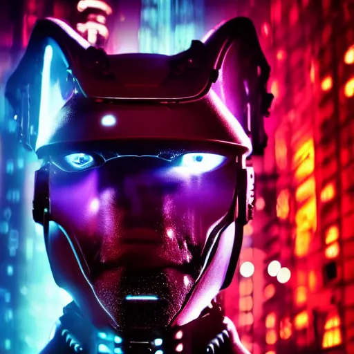 Image similar to portrait of cyber wolf, machine, cyberpunk, android, robot, mechanical parts, editorial photography, neons, blade runner, futuristic style, realistic bokeh and depth of field, award winning, establishing shot