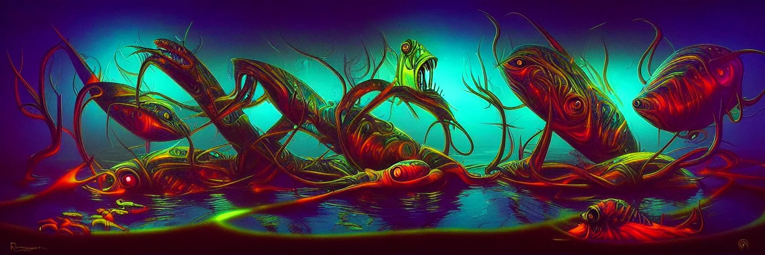 Image similar to strange alien fish creatures from the depths of the collective unconscious, dramatic lighting, surreal darkly colorful painting by ronny khalil