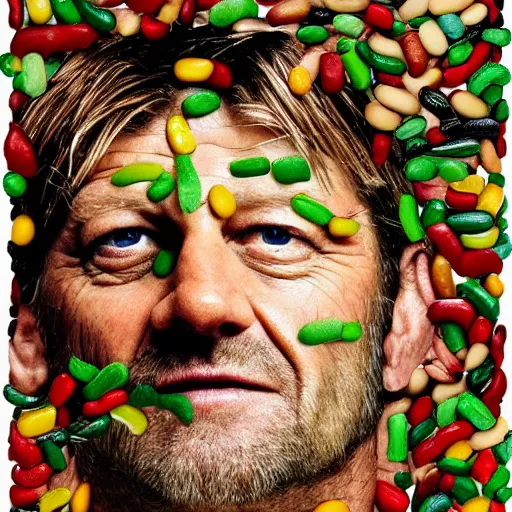 Image similar to a portrait of of sean bean constructed from beans, baked beans, lima beans, string beans, collage, drop shadow, organic, layered composition, layers, texture, mcu, petals, highly textured, layered, sculpted, dynamic,