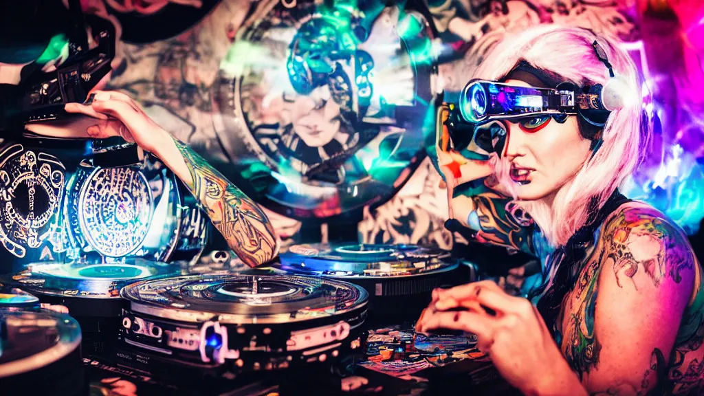 Prompt: a tattooed woman wearing goggles and visor and headphones using an intricate clockwork record player turntable contraption, robot arms, turntablism dj scratching, intricate planetary gears, cinematic, sharp focus, led light strips, bokeh, iridescent, black light, fog machine, hazy, computer screens, lasers, spotlights, light trails, hyper color photograph