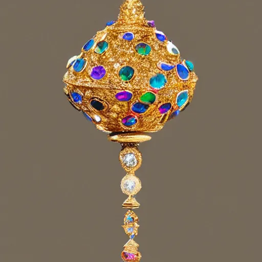 Image similar to Multi Faceted Jewel on the top of a golden ornate staff embellished with Diamonds and Opals HDR