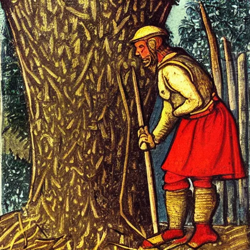 Image similar to a painting of a medieval peasant cutting down a tree