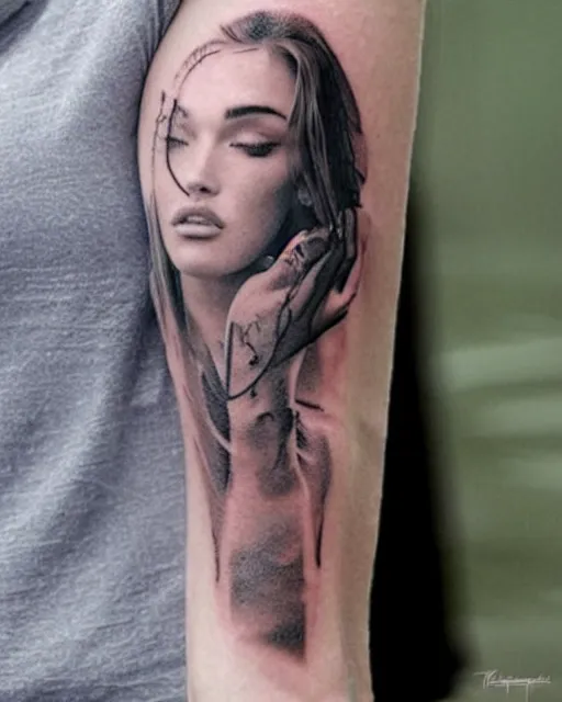 Image similar to creative double exposure effect tattoo design sketch of megan fox faded in beautiful mountain scenery, realism tattoo, in the style of matteo pasqualin, amazing detail, sharp