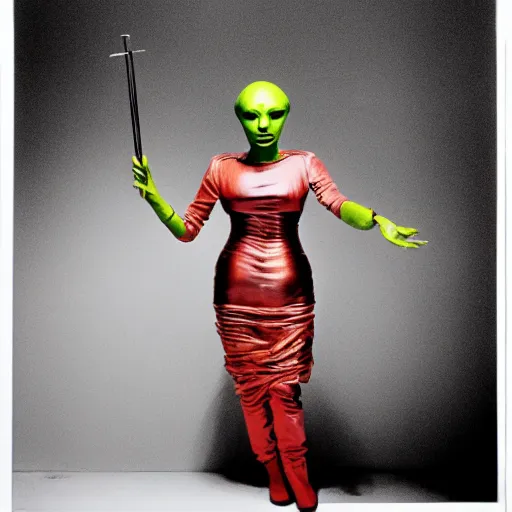 Prompt: alien with telescopic limbs dressed in glam clothing, photo by cindy sherman