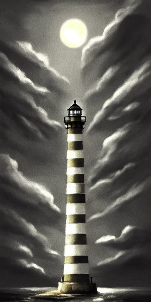 Image similar to a very very very tall, lighthouse, with searchlight godrays, volumetric light, moon, clouds, full height of the frame, artstation, digital art, expressive painting, moody paintbrush