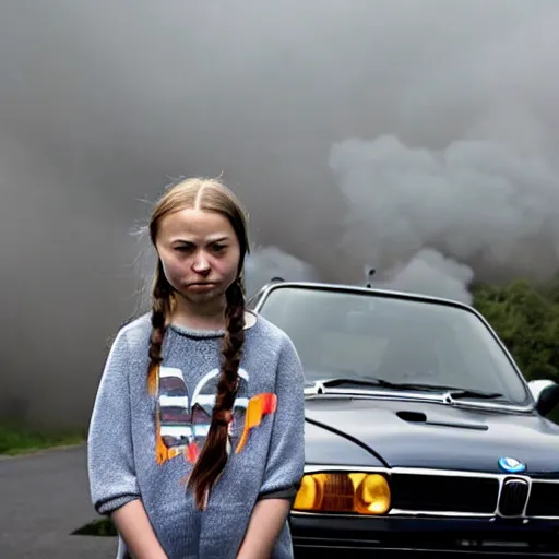 Prompt: greta thunberg with a bmw m 3 e 3 0 in the background, spewing black smoke from it's exhaust