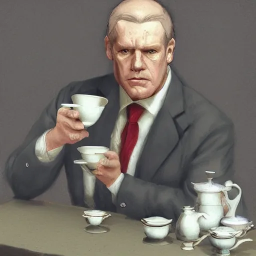 Image similar to boss senator stephen armstrong from the game metal gear solid holds a small porcelain cup with tea from which steam comes out, romanticism style, detailed facial proportions