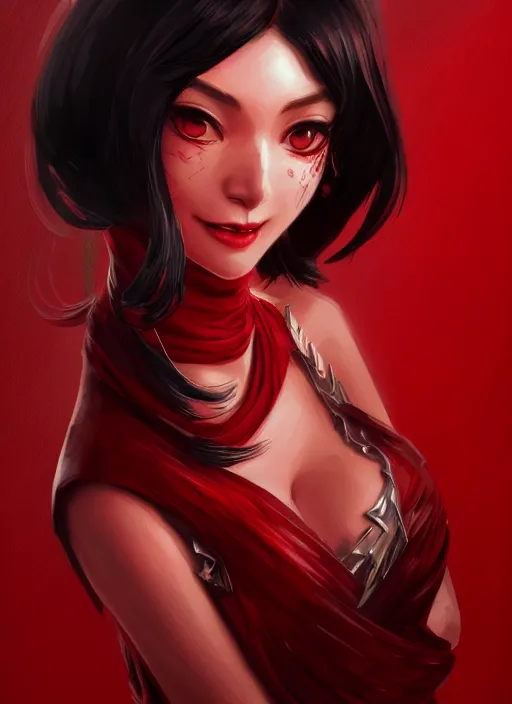 Image similar to a highly detailed illustration of hime cut black haired woman wearing red dress, dramatic smiling pose, perfect face, perfect body, intricate, elegant, highly detailed, centered, digital painting, artstation, concept art, smooth, sharp focus, league of legends concept art, wlop