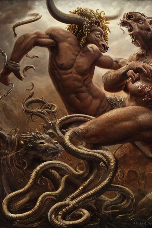 Image similar to minotaur vs medusa gorgon, realistic, detailed, highly detailed, hyper detailed, high definition, extremely detailed oil painting, beautiful composition, trending on artstation, award - winning photograph, masterpiece, intricate, portrait, 8 k highly professionally detailed, hdr, cgsociety