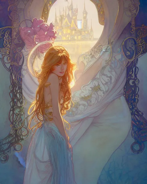 Image similar to secret romance, highly detailed, gold filigree, romantic storybook fantasy, soft cinematic lighting, award, disney concept art watercolor illustration by mandy jurgens and alphonse mucha and alena aenami, pastel color palette, featured on artstation