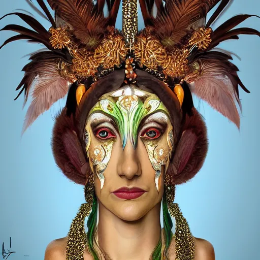 Image similar to portrait, headshot, digital painting, of Mother Ayahuascaa as a 10th century beautiful female Royal, dark hair, tropical feathers, seashells, teeth, claws, baroque, ornate clothing, scifi, futuristic, realistic, hyperdetailed, chiaroscuro, concept art, art by caravaggio