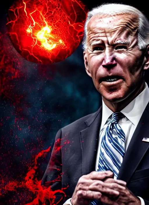 Prompt: hyper realistic ultra realistic chaos magic photo furious glowing red eyes biden, high quality photo, detailed , 8k