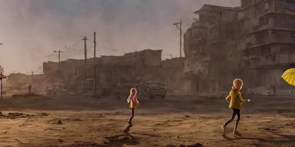 Image similar to incredible wide screenshot, ultrawide, simple watercolor, rough paper texture, backlit distant shot of girl in a parka running from a giant robot invasion side view, yellow parasol in deserted dusty junk town, broken vending machines