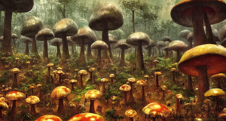 Image similar to A tribal village in a forest of giant mushrooms, by Marc Simonetti