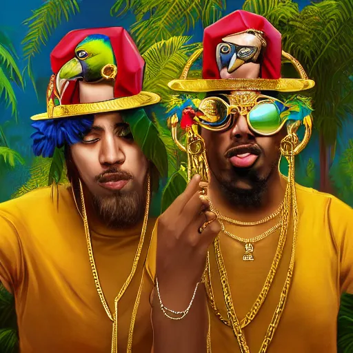 Image similar to parrots dressed in golden rings, necklaces and with caps on head, rapping and sitting on golden trees, rap scene, jungle concept art, trending on artstation, highly detailed, digital art, 8 k