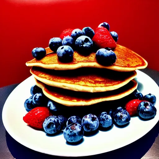 Prompt: a stack of pancakes, berries, blue painted wall, a portrait of a young lady, a bowl of sugar